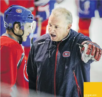  ?? JOHN MAHONEY/MONTREAL GAZETTE ?? Canadiens head coach Michel Therrien has a word with Alex Galchenyuk during practice at the team’s training facility in Brossard on Thursday, ahead of Friday’s game against Tampa Bay. STANLEY CUP PLAYOFFS