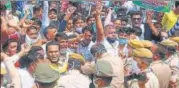  ??  ?? HVM activists protest in Kota district on Sunday.
HT PHOTO