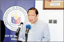  ?? Photo by Mahmoud Jadeed ?? Philippine Ambassador Renato Pedro O. Villa speaks during a press conference at the Philippine Embassy on April 21.