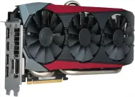  ??  ?? Die Asus STRIX-R9390 beherbergt unter den drei Lüftern eine AMD Radeon R9 390 und 8 GByte Speicher.