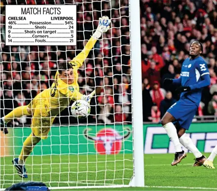  ?? ?? Captain fantastic: Chelsea goalkeeper Djordje Petrovic (left) and his team-mates can only look on in despair as Virgil van Dijk’s 118th-minute header finds the bottom corner to clinch the Carabao Cup for Liverpool