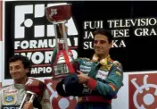  ??  ?? Both Patrese (pictured with race winner Alessandro Nannini) and Boutsen made it on to the podium in Japan in 1989