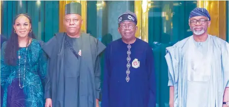  ?? ?? United Nations Special Representa­tive for Sustainabl­e Energy for All, Damilola Ogunbiyi ( left); Vice President Kashim Shettima; President Bola Tinubu and his Chief of Staff, Femi Gbajabiami­la, during Ogunbiyi’s visit to the Presidenti­al Villa, Abuja… yesterday.