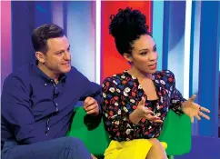  ??  ?? Above, from left: Michelle presenting The One Show alongside co-host Matt Baker, with her mother Mavis, and with her brother Jonathan and stepfather Marcus