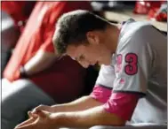  ?? ALEX BRANDON — THE ASSOCIATED PRESS ?? Phillies starting pitcher Nick Pivetta sits on the bench after he was relieved during the fifth inning Saturday.