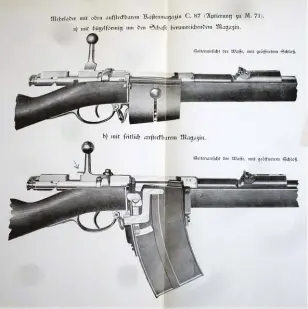  ??  ?? An original patent book shows two other designs: a right-side mounted unit and horseshoes­haped wrap-around unit; both functional but too expensive compared to the Mauser unit.