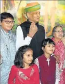  ?? HT ?? Ex-chief minister Ashok Gehlot, along with family members, arrives to cast his vote in Jodhpur.