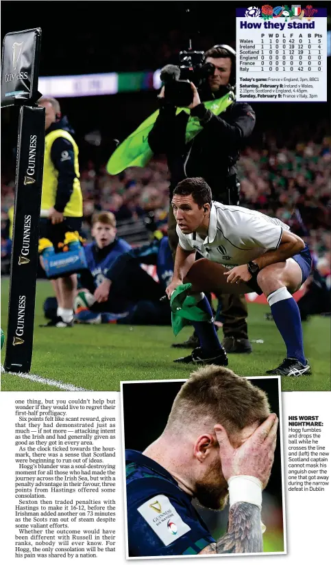  ??  ?? HIS WORST NIGHTMARE: Hogg fumbles and drops the ball while he crosses the line and (left) the new Scotland captain cannot mask his anguish over the one that got away during the narrow defeat in Dublin