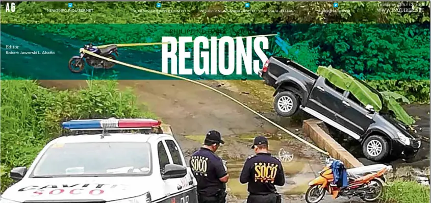  ?? —CAVITE PNP ?? Editor ABANDONED A pickup truck, used by gunmen who killed Trece Martires City Vice Mayor Alexander Lubigan, is abandoned in a remote village in Maragondon, Cavite. THURSDAY / JULY 12, 2018 WWW.INQUIRER.NET Robert Jaworski L. Abaño