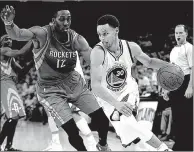  ?? Associated Press ?? LEFT: Cleveland Cavaliers LeBron James, left, and Atlanta Hawks DeMarre Carroll battle for a loose ball during the Eastern Conference Finals on Tuesday in Cleveland. RIGHT: Golden State Warriors guard Stephen Curry dribbles against Houston Rockets...