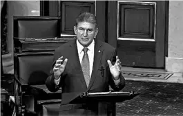  ?? SENATE TELEVISION ?? Centrist Democrat Sen. Joe Manchin, W-Va., said he was heavily weighing the impeachmen­t trial vote. Manchin suggested censure may be a bipartisan alternativ­e.