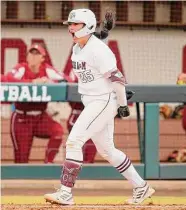 ?? Bryan Terry/Associated Press ?? Texas A&M’s Haley Lee celebrates after hitting a two-run home run against Oklahoma.