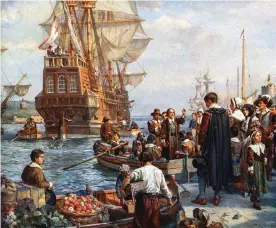  ??  ?? A 1752 painting by Bernard Gribble of the Pilgrim fathers boarding the Mayflower in 1620 for their voyage to America. Photograph: Print Collector/Getty Images