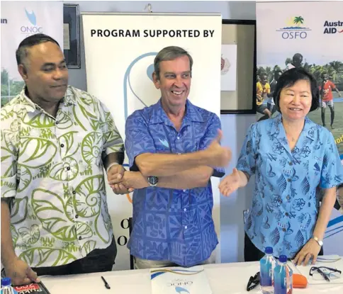  ?? Photo: FASANOC ?? From left; Oceania Sports Education Programme(OSEP) Educator Educator Talemo Waqa, Oceania National Olympic Committee Executive Director Dennis Miller and Fiji Associatio­n of Sports And National Olympic Committee Chief Executive Lorraine Mar in Suva on...