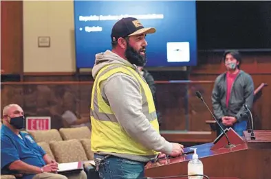  ?? NELVIN C. CEPEDA U-T ?? Dohney Castillo, a driver with Republic Services, addresses Chula Vista Mayor Mary Casillas Salas. Some of the company’s workers attended Tuesday’s council meeting, saying all they are seeking is a livable wage.