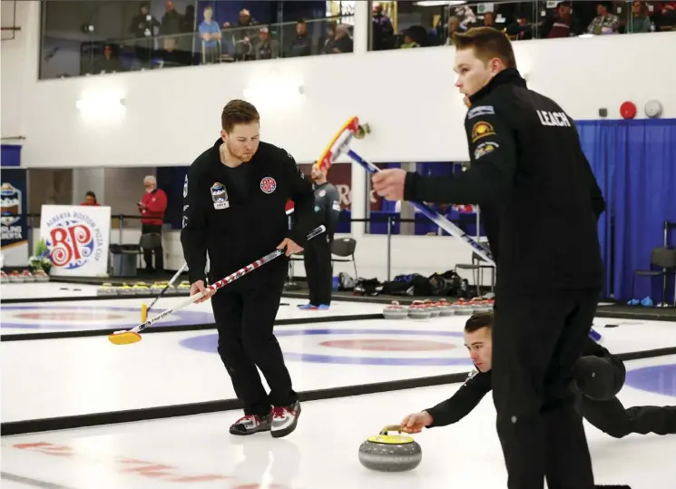  ?? Photos: Ian KuceraK ?? The Leach team plays against the Pahl rink at Alberta Boston Pizza Cup Men’s Curling Championsh­ip at the six-sheet Ellerslie Curling Club on Wednesday.