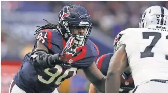  ?? MATTHEW EMMONS, USA TODAY SPORTS ?? “Things didn’t go well earlier inmy career, but I amon the right track now,” Texans defensive end Jadeveon Clowney says.