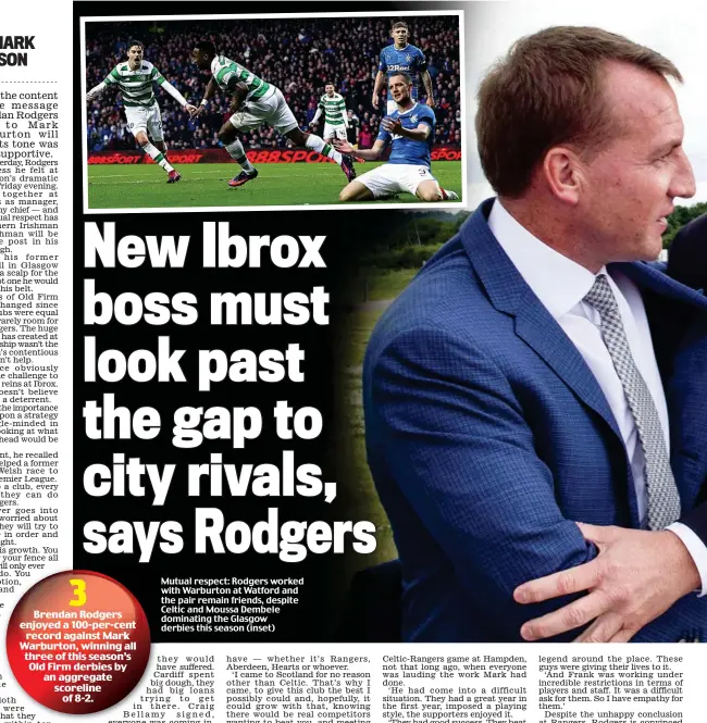  ??  ?? Mutual respect: Rodgers worked with Warburton at Watford and the pair remain friends, despite Celtic and Moussa Dembele dominating the Glasgow derbies this season (inset)