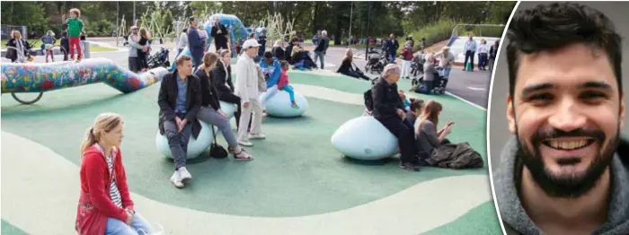  ??  ?? SKADLIGT? Drakenberg­sparken är en av de parker på Söder som har fallskydd i form av plastgjute­n gummi, något Mathias Leveborn (V) vill ändra på.