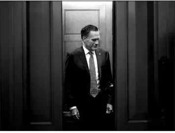  ?? ERIN SCHAFF / NEW YORK TIMES FILE (2020) ?? Sen. Mitt Romney, R-utah, leaves the Capitol after a vote Feb. 12, 2020, in Washington. Romney announced recently that he would not seek reelection, citing his age as one reason he was ending his political career.