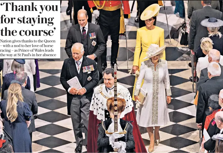  ?? ?? The Prince of Wales, the Duchess of Cornwall and the Duke and Duchess of Cambridge leave the national service of thanksgivi­ng at St Paul’s Cathedral