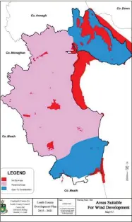  ??  ?? The Louth County Developmen­t Plan showing the area open for wind energy (pink), no go areas (red) and blue areas, including the greater Drogheda area, which are ‘open for considerat­ion’.