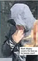  ??  ?? Mark Wigley covers his face as he leaves court