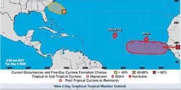  ?? NHC ?? The five-day tropical outlook shows a series of storms in the Atlantic Ocean.