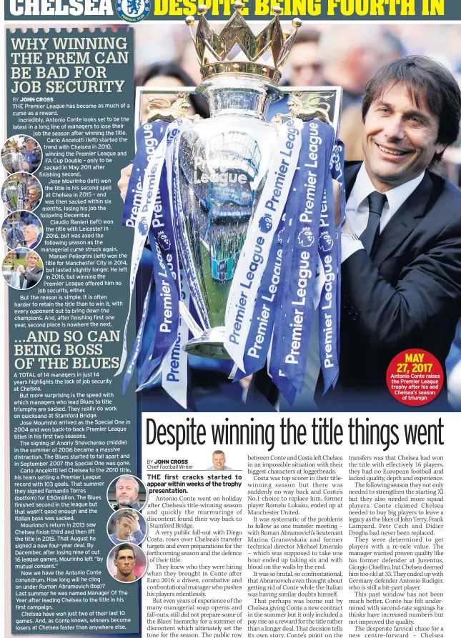  ??  ?? THE Premier League has become as much of a curse as a reward.
Incredibly, Antonio Conte looks set to be the latest in a long line of managers to lose their job the season after winning the title. Carlo Ancelotti (left) started the trend with Chelsea...