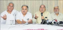  ?? ANIL DAYAL/HT ?? (From left) Haryana Congress leaders Karan Dalal, Kuldeep Sharma, former chief minister Bhupinder Singh Hooda and Raghuvir Kadian at a press conference in Chandigarh on Friday.