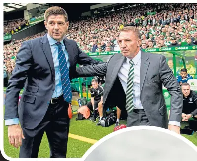  ??  ?? Steven Gerrard and Brendan Rodgers at the season’s first Old Firm game and (right) the flypast during the Celtic fans’ ban in 1994