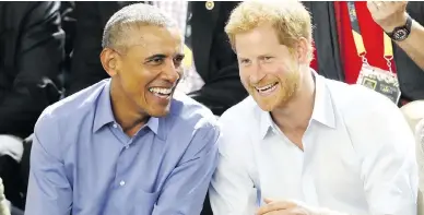  ?? CHRIS JACKSON / GETTY IMAGES FOR THE INVICTUS GAMES ?? Former U.S. president Barack Obama meets with Prince Harry in Toronto on Friday, Day 7 of the Invictus Games, which the prince founded. Obama was in town to give a speech organized by Ottawa think-tank Canada 2020.