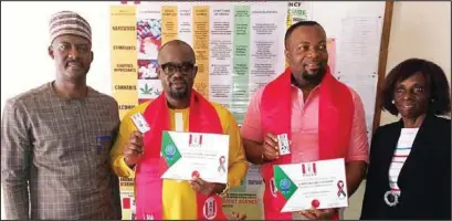 ??  ?? L-R: National Coordinato­r, NDLEA Celebrity Drug Free Club, Mr. Wilson Ighodalo; actor and film maker, Mr. Charles Inojie; actor, Mr. Arinze Okonkwo and Director, T&amp;R, Mrs. Felicia Ikechukwu, representi­ng the NDLEA Chairman, at the induction ceremony of the club