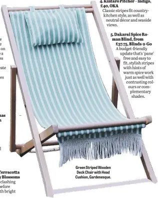  ?? ?? Green Striped Wooden Deck Chair with Head Cushion, Gardenesqu­e.