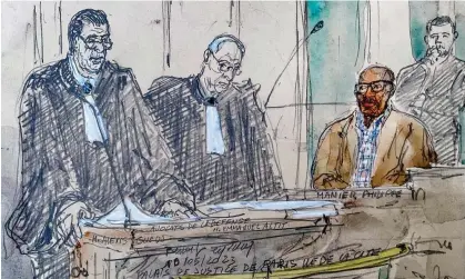  ?? Photograph: Benoît Peyrucq/AFP ?? A court sketch drawn on 10 May of former Rwandan gendarme Philippe Hategekima­na during his trial at the cour d’assises in Paris.