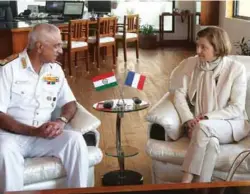  ??  ?? (Left) The French Minister for the Armed Forces, Florence Parly meeting the Flag Officer Commanding-in-Chief, Western Naval Command, Vice Admiral Girish Luthra in Mumbai; (right) Ms Parly with Cmde Rakesh Anand, Chairman & Managing Director, Mazagon...