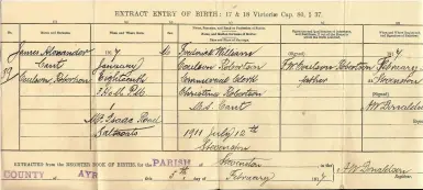  ??  ?? James A. C. C. Clement’s 1917 birth details (in the name of ROBERTSON)
