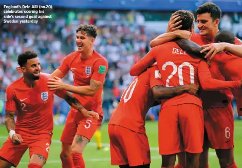  ??  ?? England’s Dele Alli (no.20) celebrates scoring his side’s second goal against Sweden yesterday