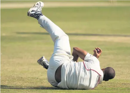  ??  ?? ● Liam Hurt performing an amazing catch by the boundary at S&B while playing for Lancashire 2nd XI in