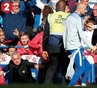  ??  ?? UnIted We Stand: The United manager cannot believe it and rises from his chair as the Chelsea second assistant coach heads for the tunnel after the late strike