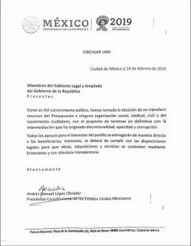  ??  ??    El documento, con fecha 14 de febrero de 2019, está dirigido a miembros del gabinete legal y ampliado