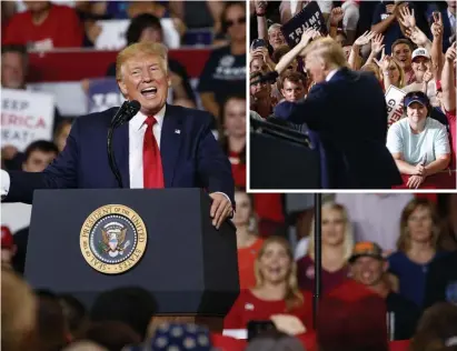  ?? AP PHOTOS ?? ‘WE’RE GOING TO KEEP ON WINNING’: President Trump speaks at a campaign rally in Greenville, N.C., Wednesday, as people in the audience, inset, cheer him on.