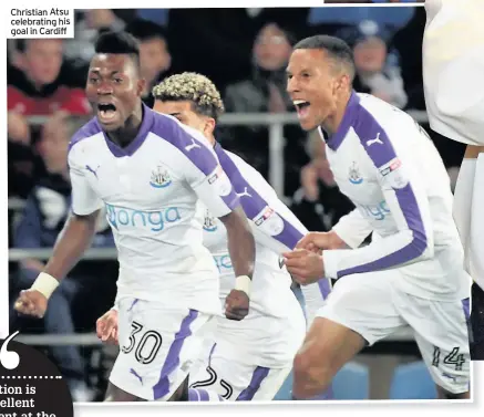  ??  ?? Christian Atsu celebratin­g his goal in Cardiff