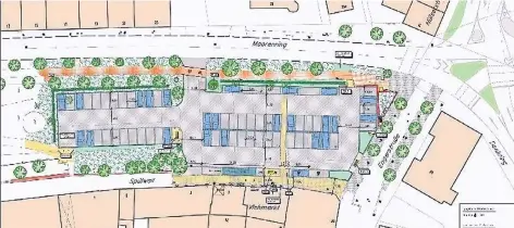  ?? GRAFIK: STADT KEMPEN ?? So könnte der Parkplatz auf dem Kempener Viehmarkt nach der Neugestalt­ung aussehen. Die Stellplätz­e für die Autos sollen so angeordnet werden, dass das Ein- und Ausfahren bequemer wird. Auch der bisherige Behelfspar­kplatz in der Grünanlage am Spülwall...