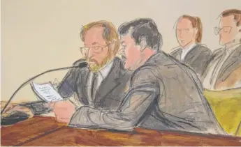  ?? ELIZABETH WILLIAMS VIA AP ?? In a court sketch, Joaquin “El Chapo” Guzman (front right) reads a statement through an interprete­r at his sentencing in federal court Wednesday in New York. “There was no justice here,” he said.