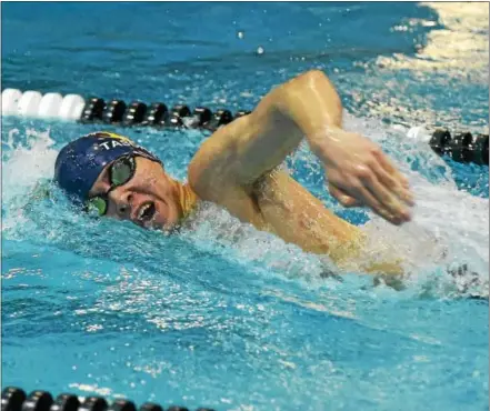  ?? PETE BANNAN — DIGITAL FIRST MEDIA ?? Matt Tascione wins the 200-yard freestyle in a time of 1:54.62 for Unionville against Great Valley at Immaculata University on Friday.