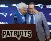  ?? STEVEN SENNE — THE ASSOCIATED PRESS ?? New England Patriots team owner Robert Kraft, left, and former Patriots head coach Bill Belichick embrace during a news conference on Thursday in Foxborough, Mass.