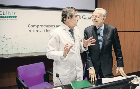  ?? MANÉ ESPINOSA ?? Josep Maria Campistol, director general del Clínic, e Isidro Fainé, presidente de la Fundació La Caixa, firmaron ayer el convenio