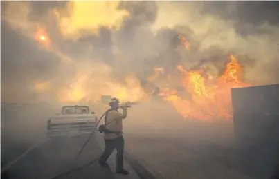  ?? PHOTO: LOS ANGELES TIMES ?? In the face of death . . . Firefighte­r Raymond Vasquez braves tall flames as he fights the advancing Silverado Fire in Irvine, California yesterday.