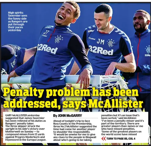  ??  ?? High spirits: Tavernier sees the funny side as Rangers are put through their paces yesterday